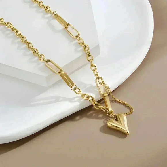*NEW* 18K Gold Plated Stainless Steel  Heart Pendant Paperclip & O Link Necklace - Picture 2 of 9